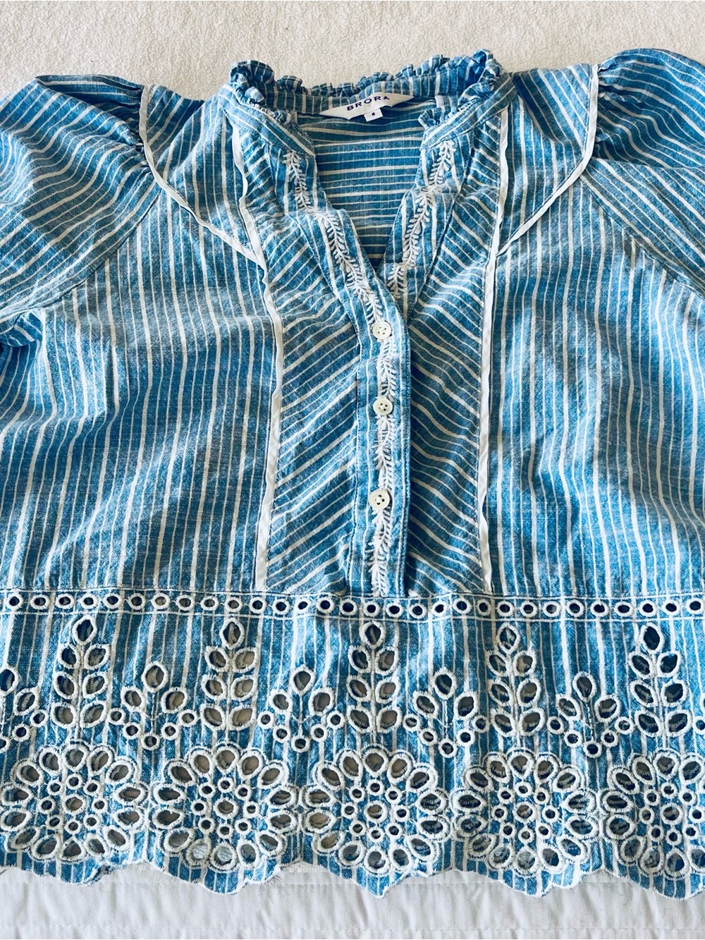 Brora Blue & White Stripe Cotton Eyelet Blouse – UK 8 / US 4